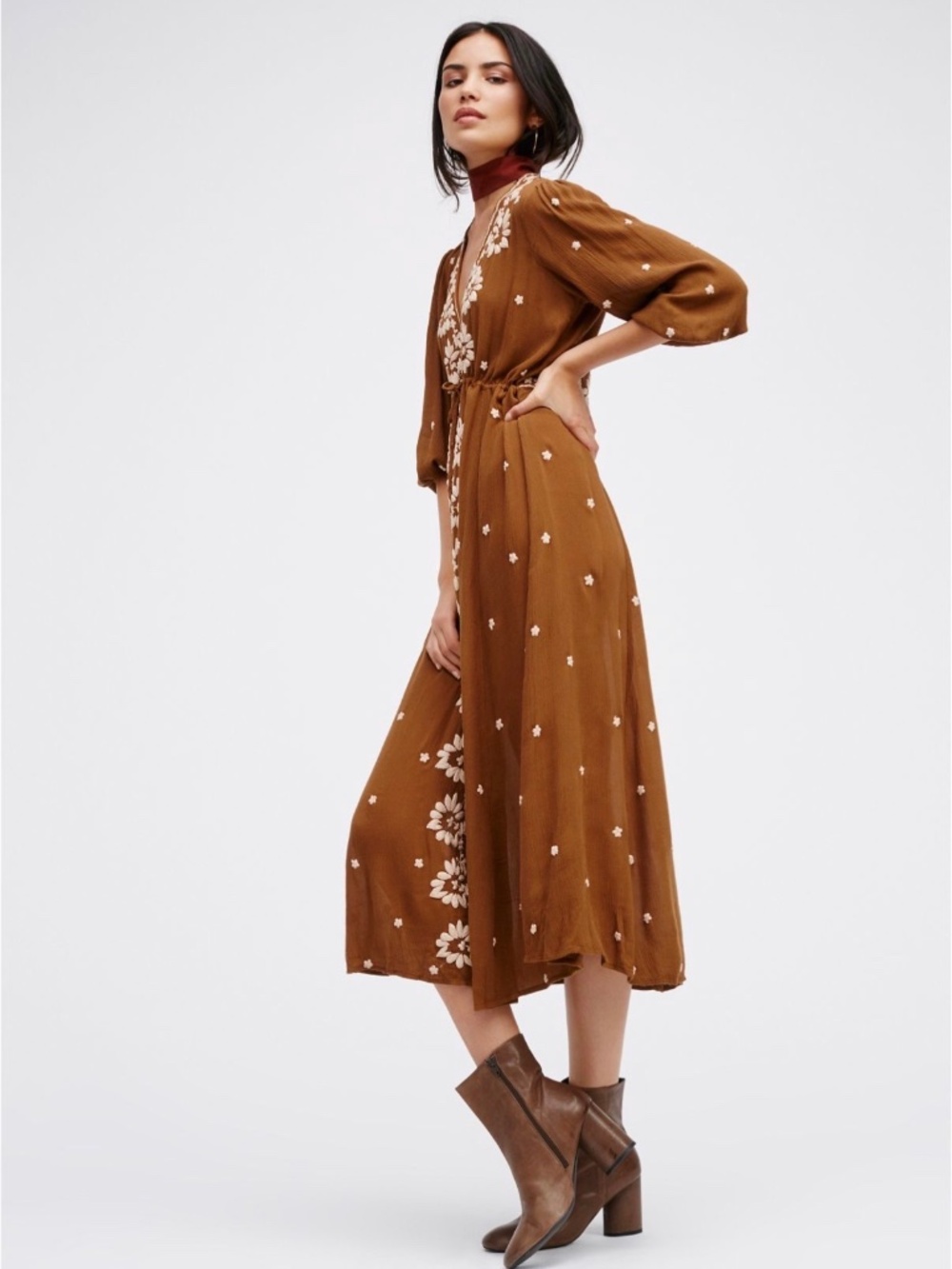 Free People Embroidered Fable Midi Dress in Gingersnap Size XS